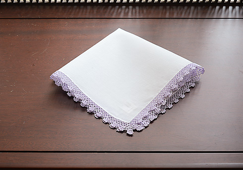 Cotton handkerchief. Lavender Fog colored lace trimmed